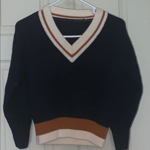 Blue, cream, mustard sweater